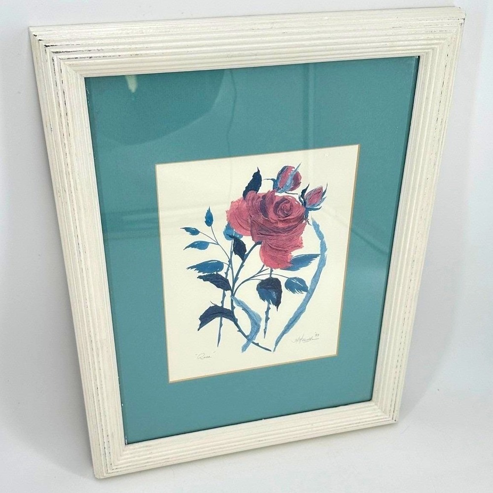 Cottage Victorian Vintage Rose Floral Framed Original Art Pink Blue‎ White Frame